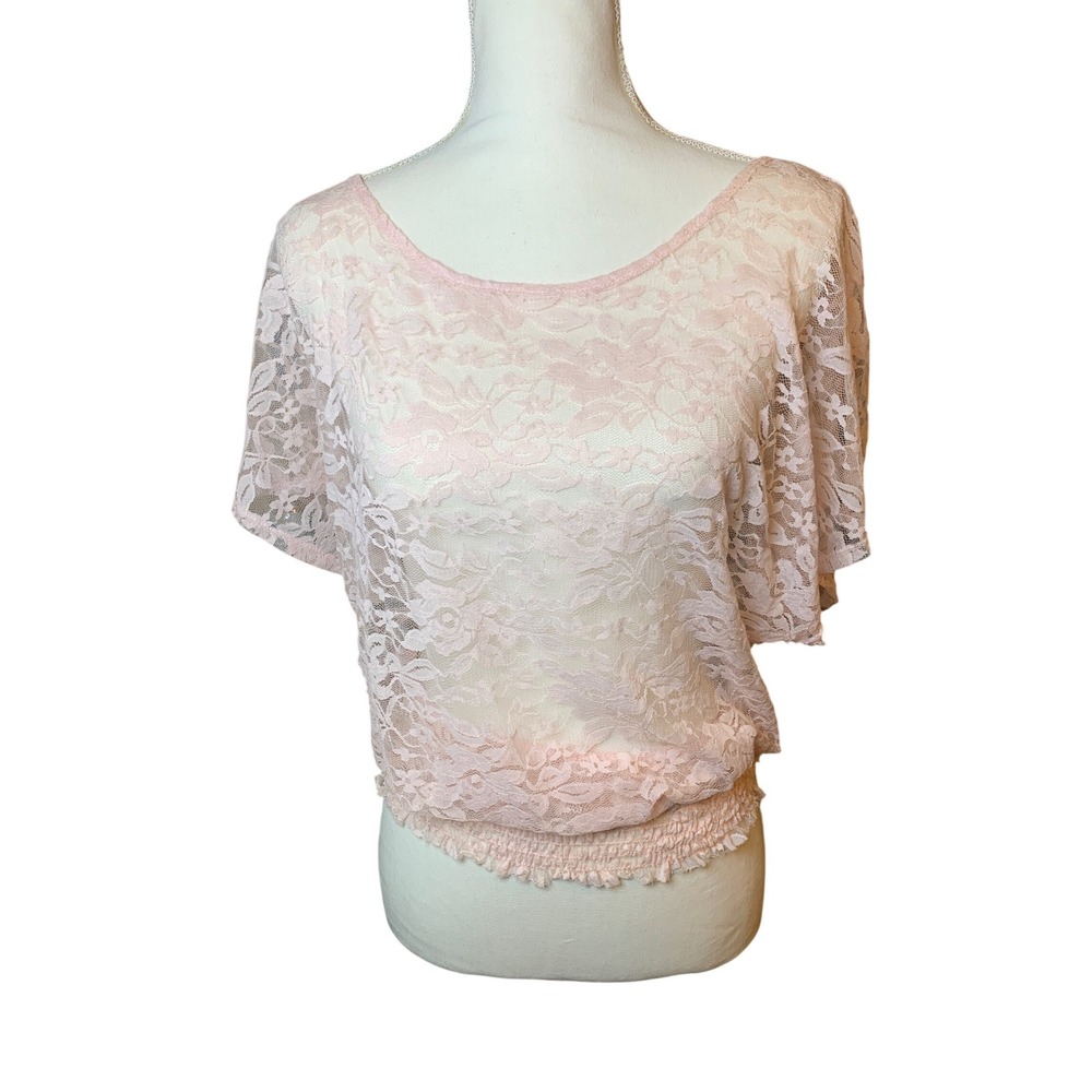 Y2K Eyeshadow Coquette Pink Floral Lace Smocked Hem Fairy Top Preloved Made‎ USA